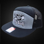 Black / Heather Grey 7 Panel Flat Bill Snap Back Musky Hat